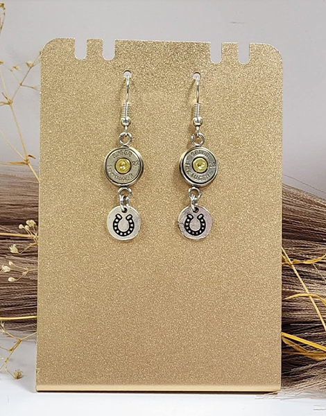 Handcrafted horseshoe earrings with 9mm bullet casing